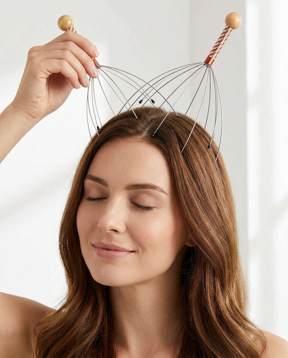 Woman using wire scalp massager on healthy hair