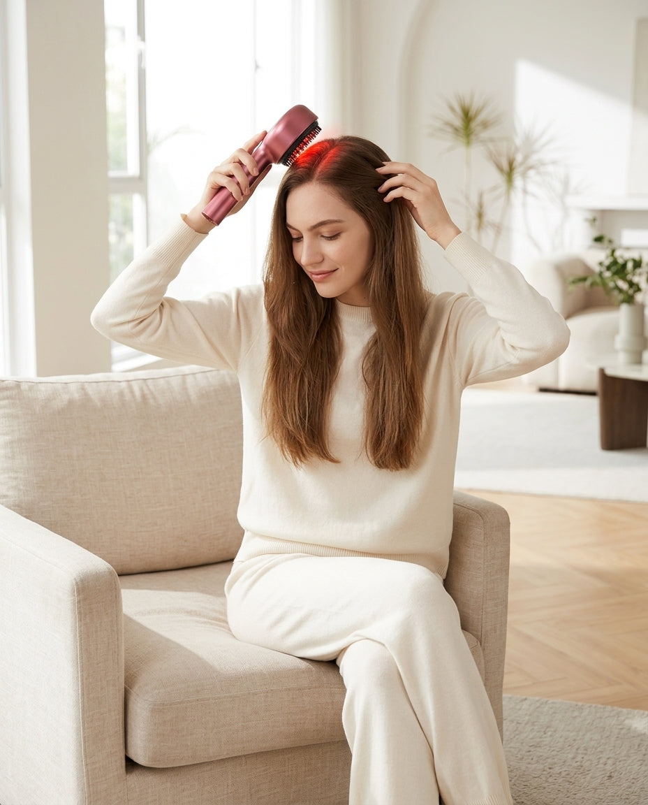 Woman using HairGrow Pro red light scalp massager