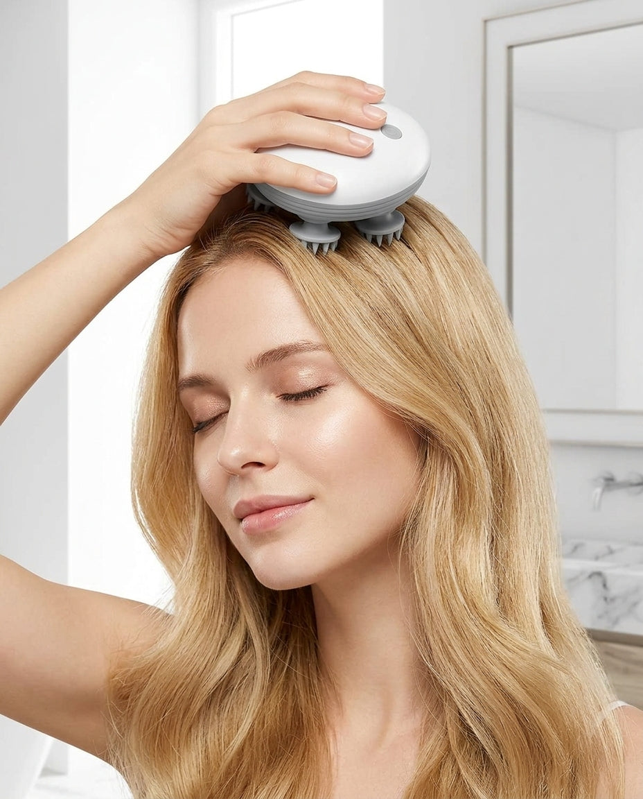 Woman using ScalpRevive scalp massager on healthy hair